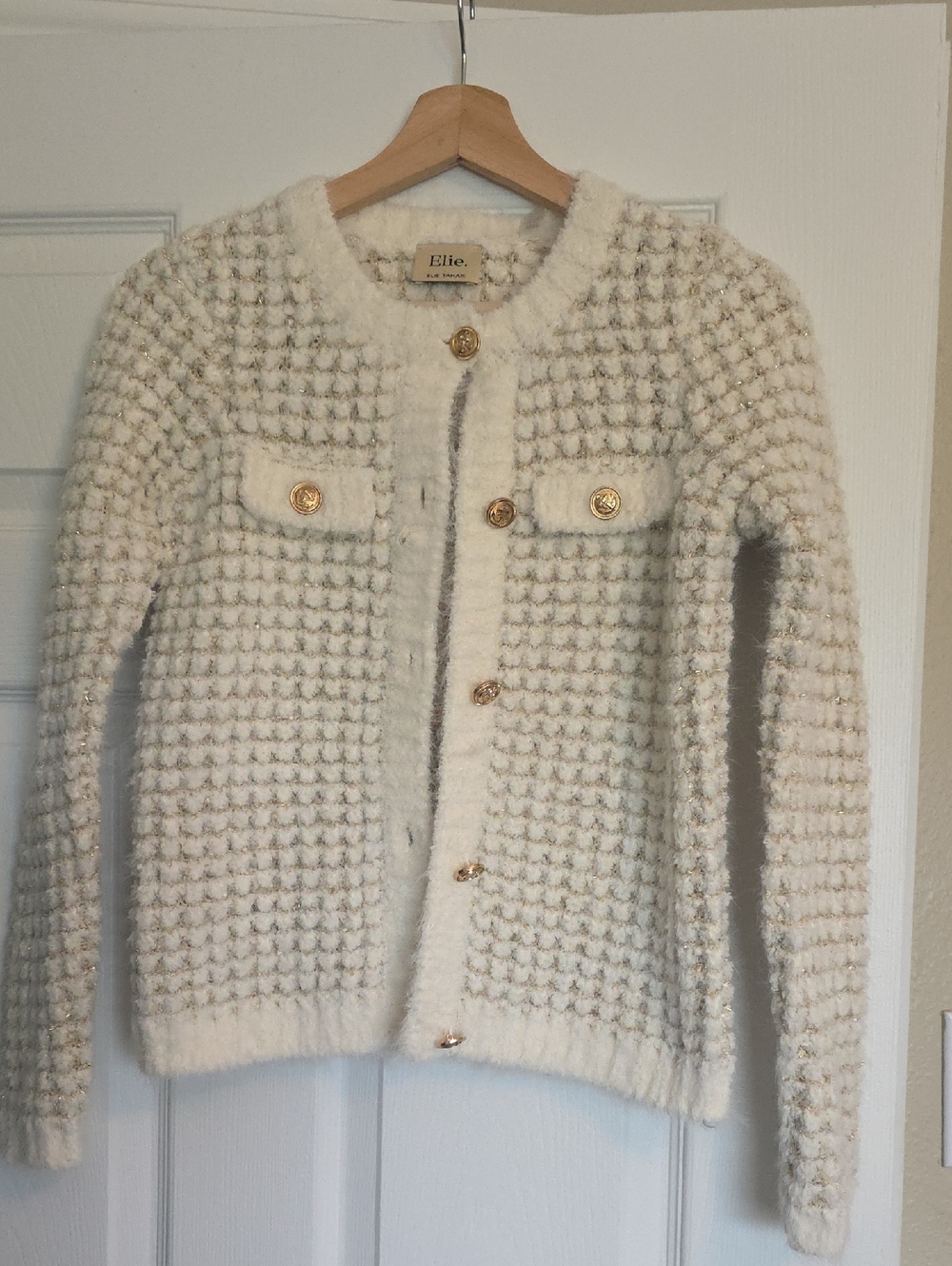 Elie Tahari Cream Knit Bouclé Button-Up Jacket